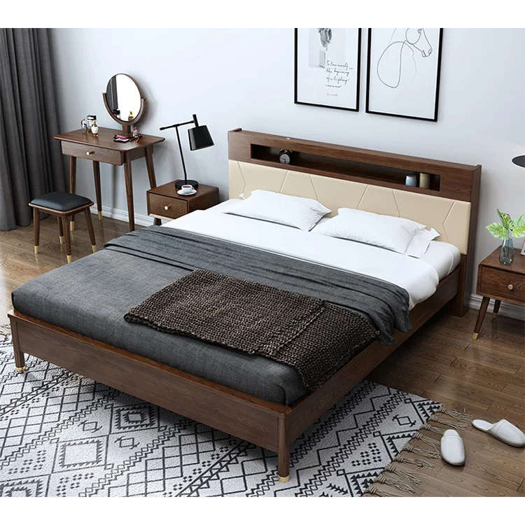 product-Wooden bedroom furniture Queen bed wooden single double bed with lighted headboard design-Bo-1