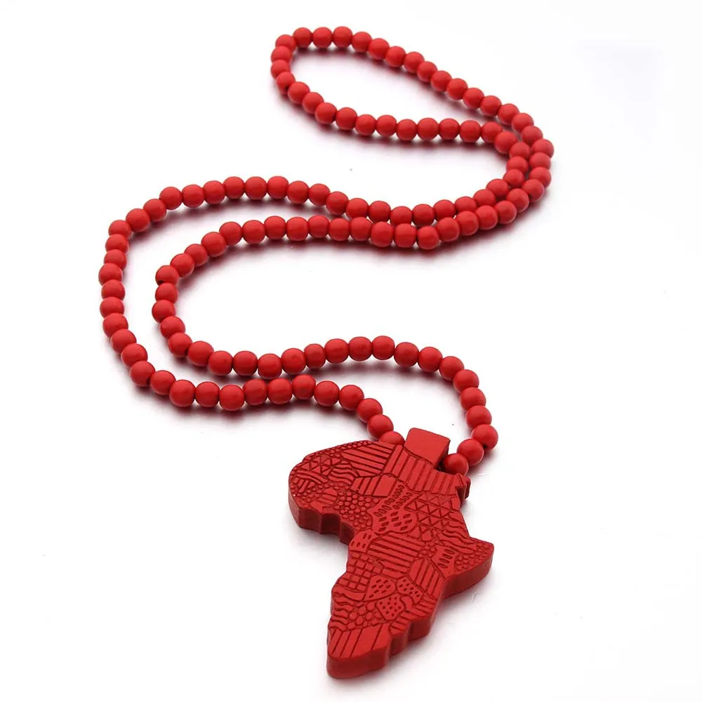1pcs Good Quality Hip-Hop African Map Pendant Wood Bead Rosary Chain Beige B3S9
