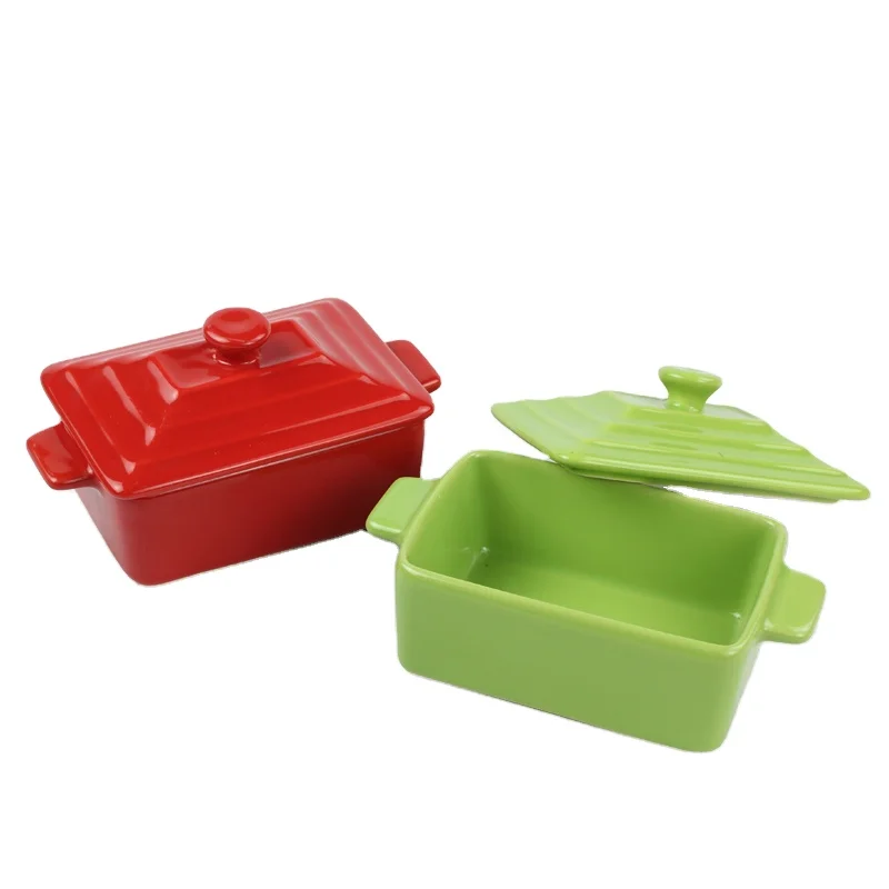 Double Hollow Handles Oval Shape Ceramic Casserole Set With Cover