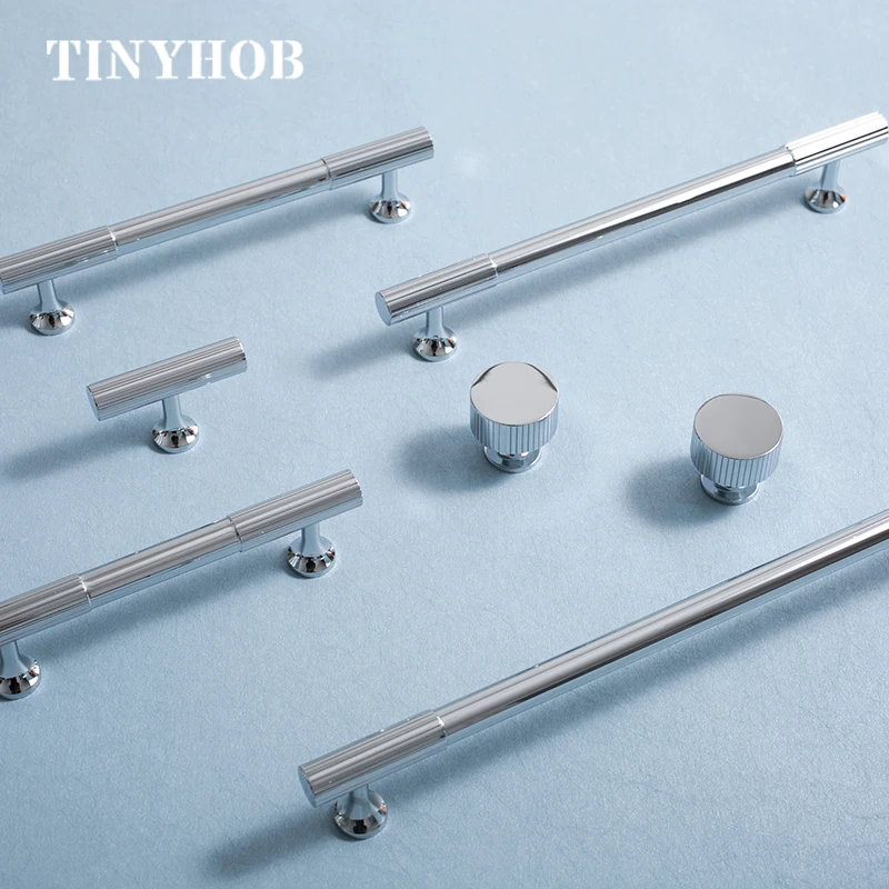 Bright Chrome Vertical Lines Solid Brass Drawer Knobs