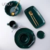Hot sale tableware glossy green fancy porcelain ceramic dinnerware sets with gold rim