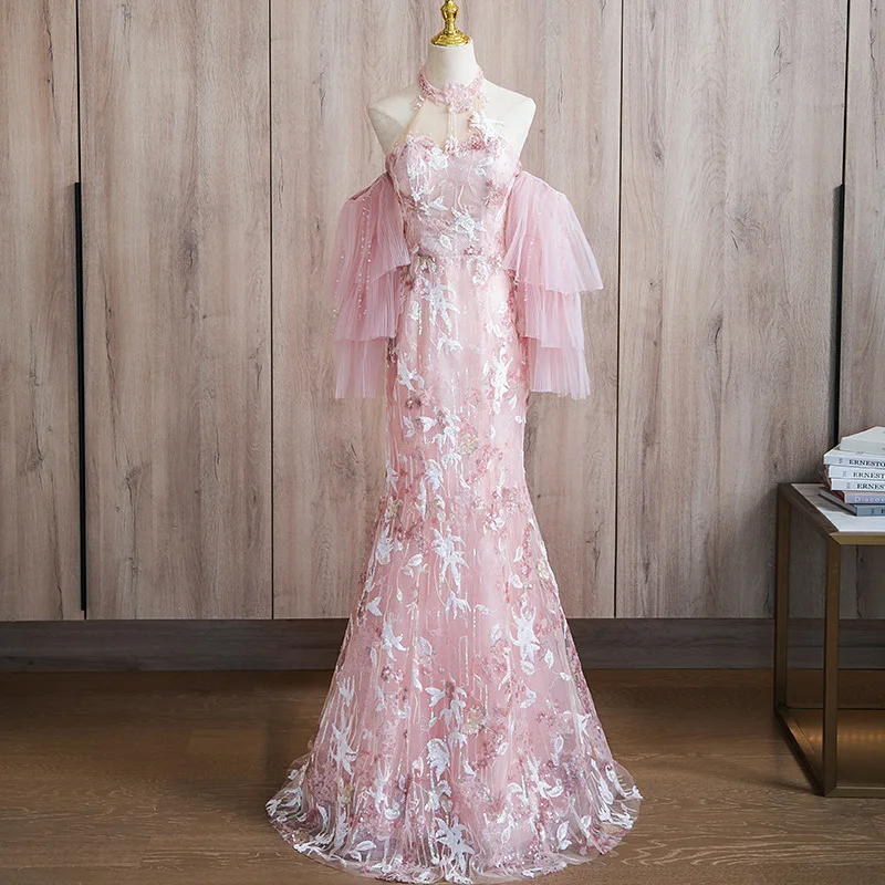 S3113R New Light Luxury Niche pink Fishtail Engagement Lace Wedding Dress