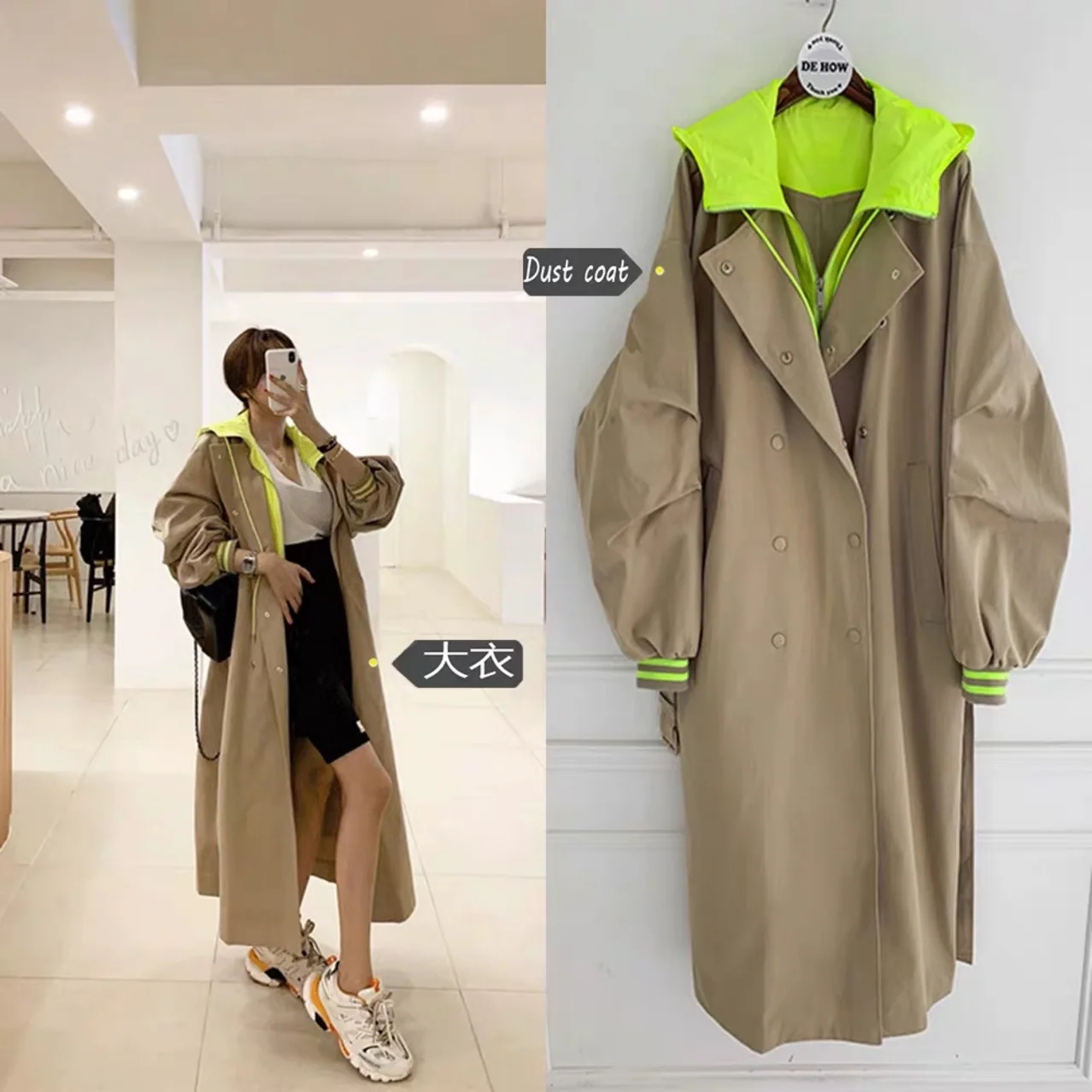 New Arrival Women Spring Autumn Winter Long Sleeve Khaki Black Jacket Pocket Bandage Windbreaker Trench Coat Dust Coat