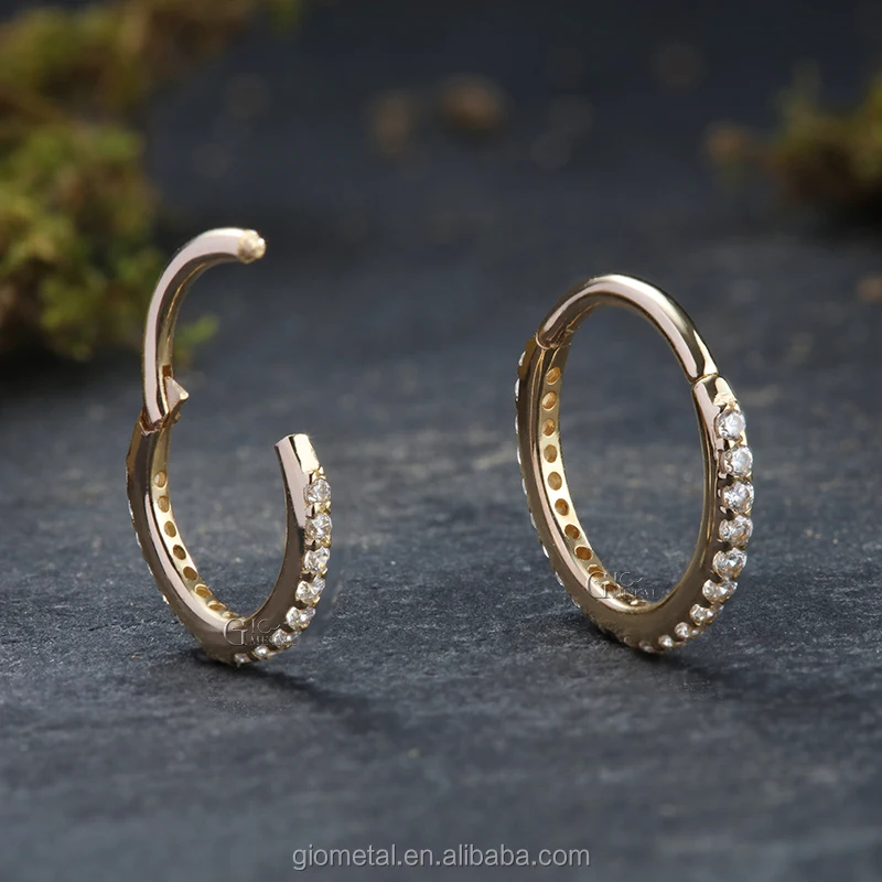 14k Solid Gold Piercing Side Set Gems Hinged Clicker Segment Ring