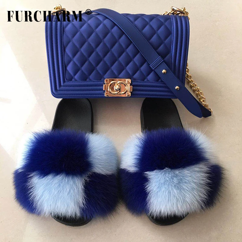 purse and fur slides set