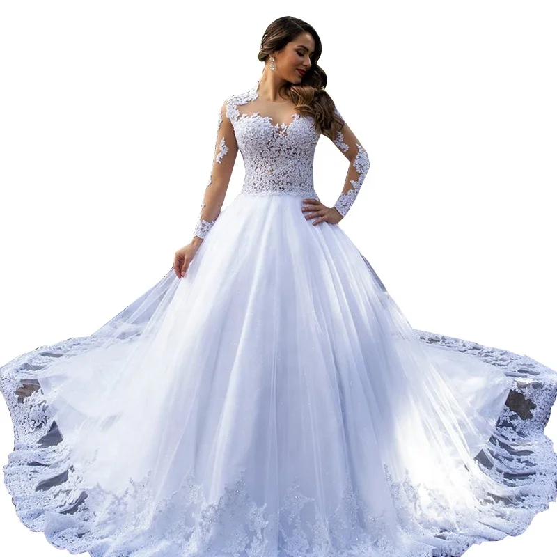 Hot Selling Sheer White Long Sleeve Lace Wedding Dress Bridal Gown ...