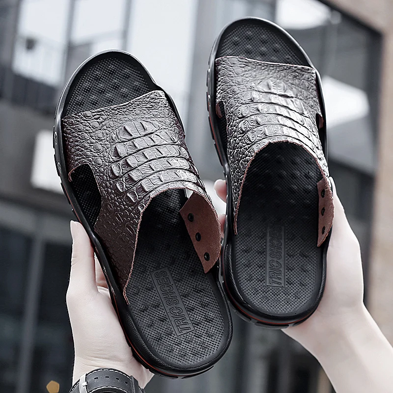 Crocodile Leather Shoes Men Beach Slippers Summer Men's Slippers ...