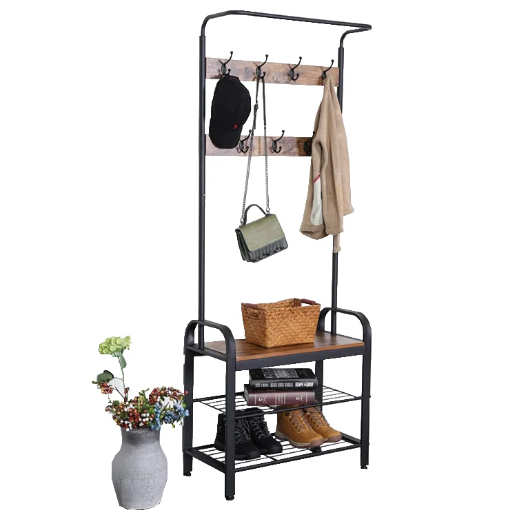 Metal Hall Tree Clothes Coat Hanging Shelf Shoe Coat Rack Stand With ...