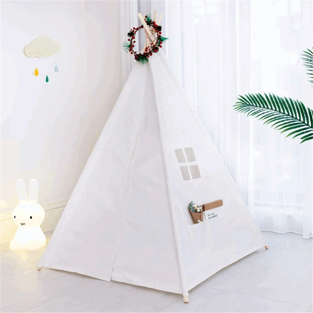 Classic foldable white cotton canvasiIndoor or outdoor indian play tent wood home decor best selling kids indoor tent