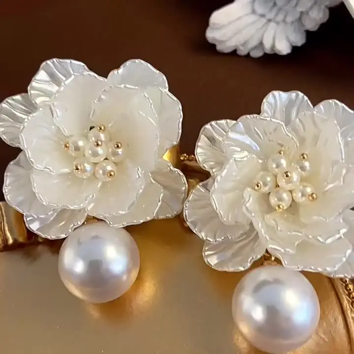 Handmade Ceramic Flower & Pearl Drop Earrings - White Bridal Wedding Post Earrings For Women