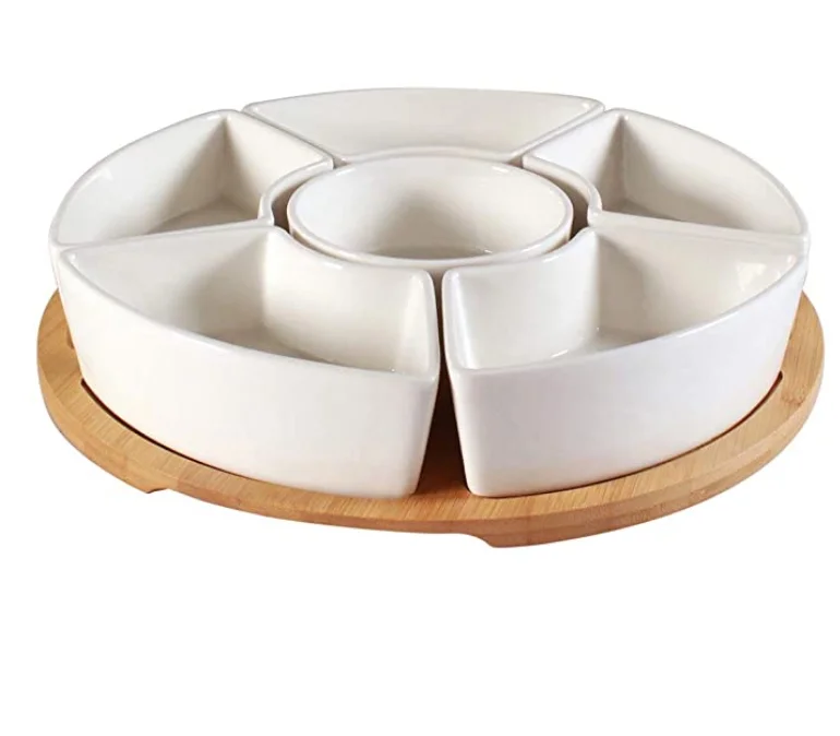 Bamboo Lazy Susan With Ceramic Dishes 