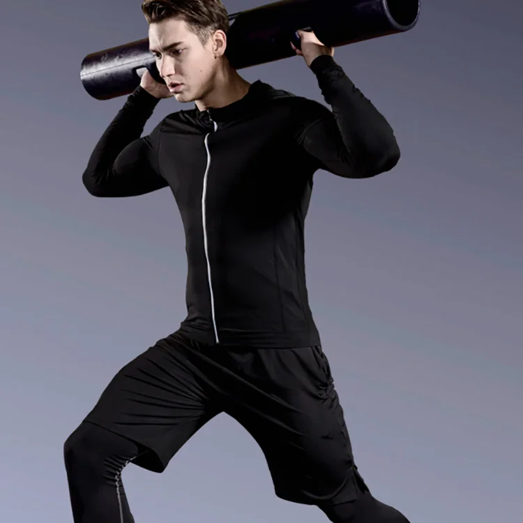Men's Workout Clothes Sets Zip-up Hoodie Shorts Compression Pants And ...