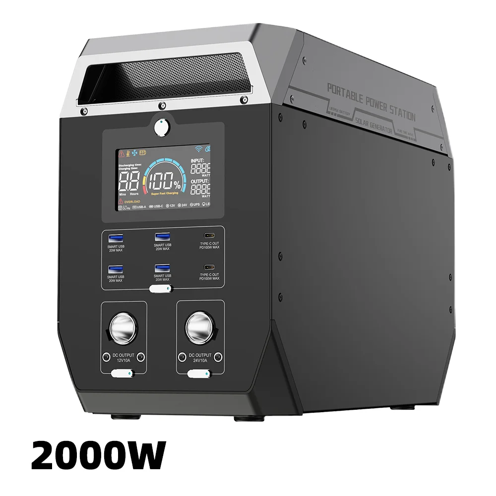 Side-by-side comparison of three 2000W power stations showing size, port layout, and display interface