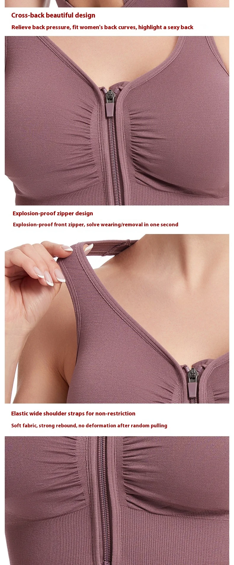 Women's Large Size Sports Bra for Running Yoga Fitness Shockproof Beautiful Hollow-out Back Front Zipper Wire-Free Solid Cup