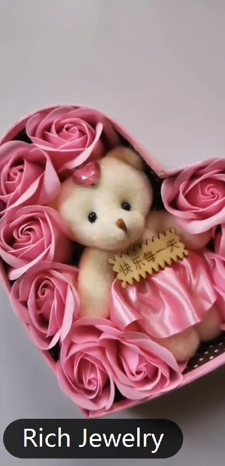 Details about   Rose Teddy Bear Day Flower Gift Valentine heart shaped box artificial soap love 