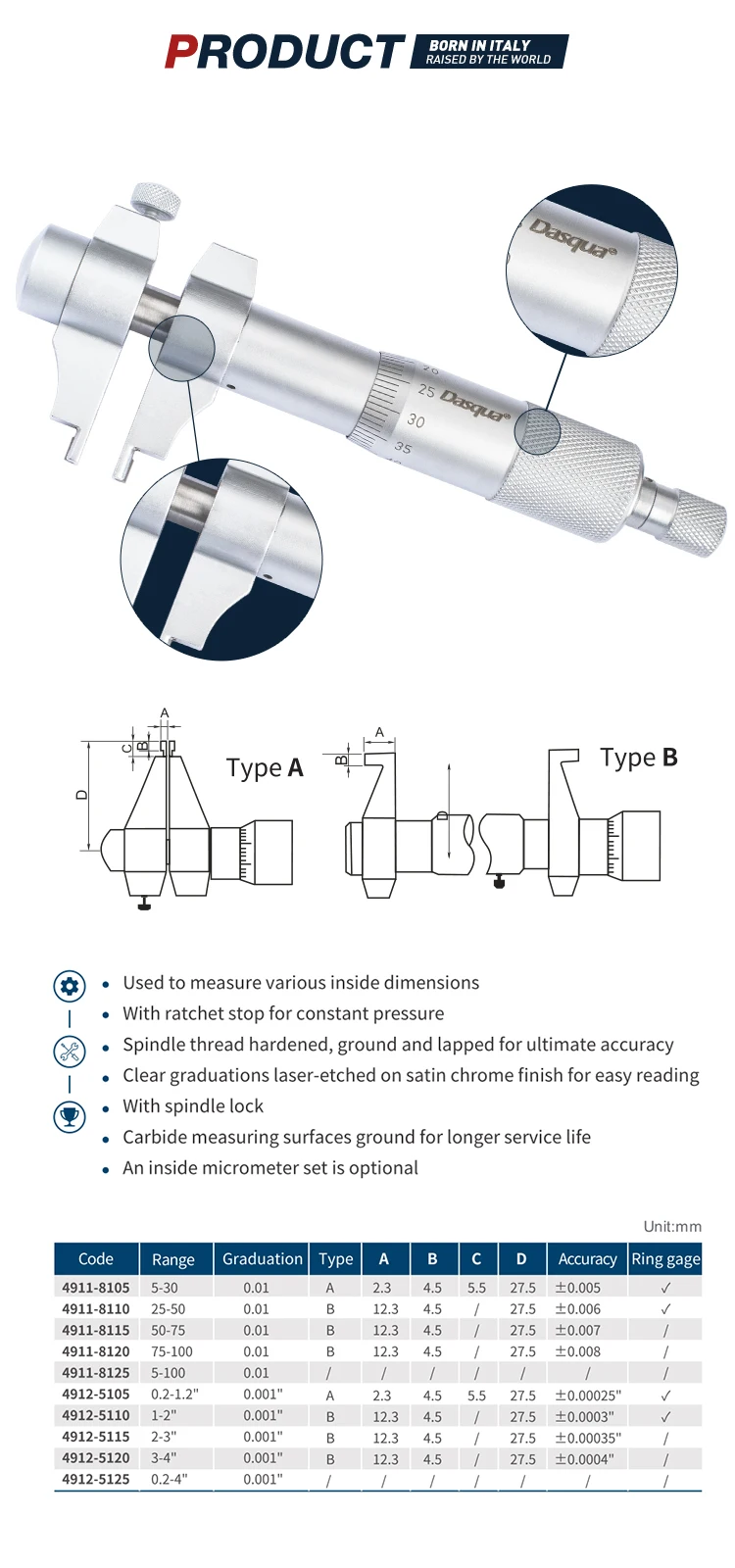 Dasqua Ultraprecision 530mm Inside Micrometer Internal Carbide Tips