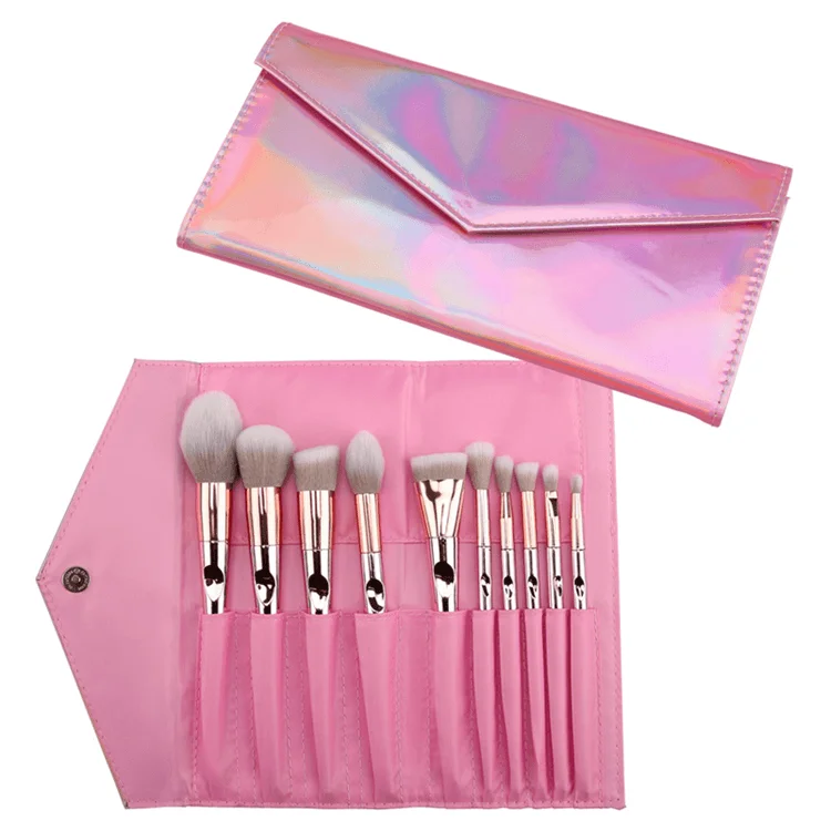 Wholesales 10 Pcs Rose Gold Laser Luxury Vegan Pink Professional Wood Custom Private Label Makeupbrush Makeup Brush Bag Set
