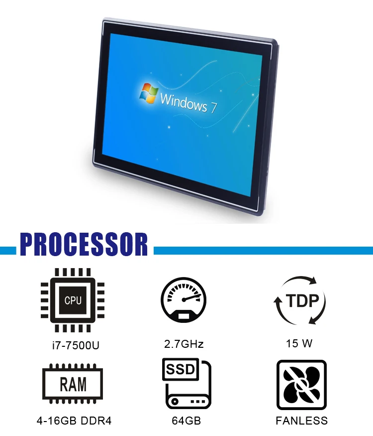 i7-7500U 15.6'' Tablet PC, Industrial Panel PC with Fanless Cooling System