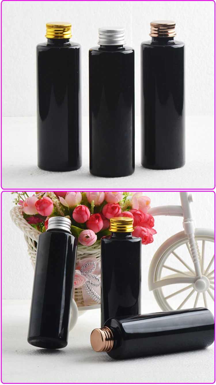 150ml flat shoulder black cylinder Plastic bottle aluminum lid toner Liquid cosmetic bottles