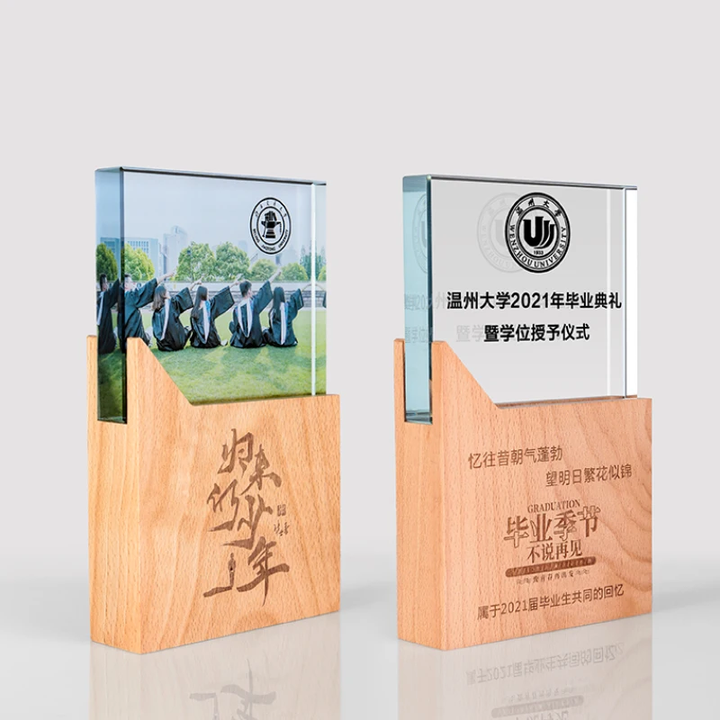 Custom Honor Wooden Trophy UV Carving 5th 10th 20th Company Anniversary celebration Souvenir Gifts Employees Glass Plaques factory