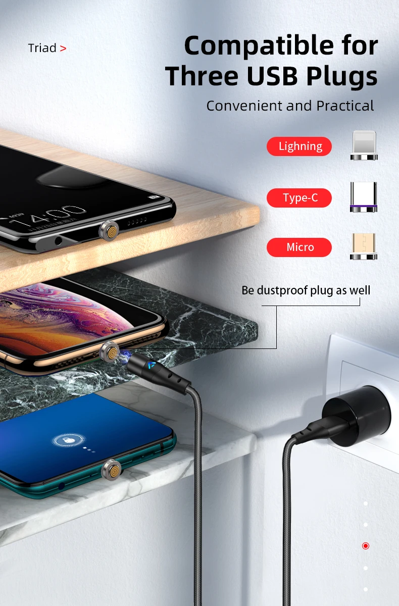 5A super quick charge cable latest version 3 in 1 360 degree magnetic data cable 1m micro ios type c usb cable - ANKUX.COM