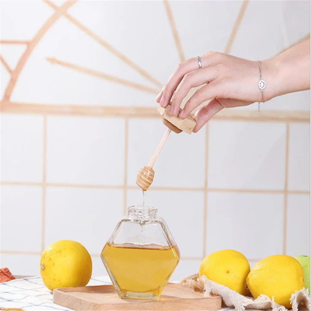 220ml 380ml Hexagon Food Storage Honey Jar Glasscandy Jar With Wooden