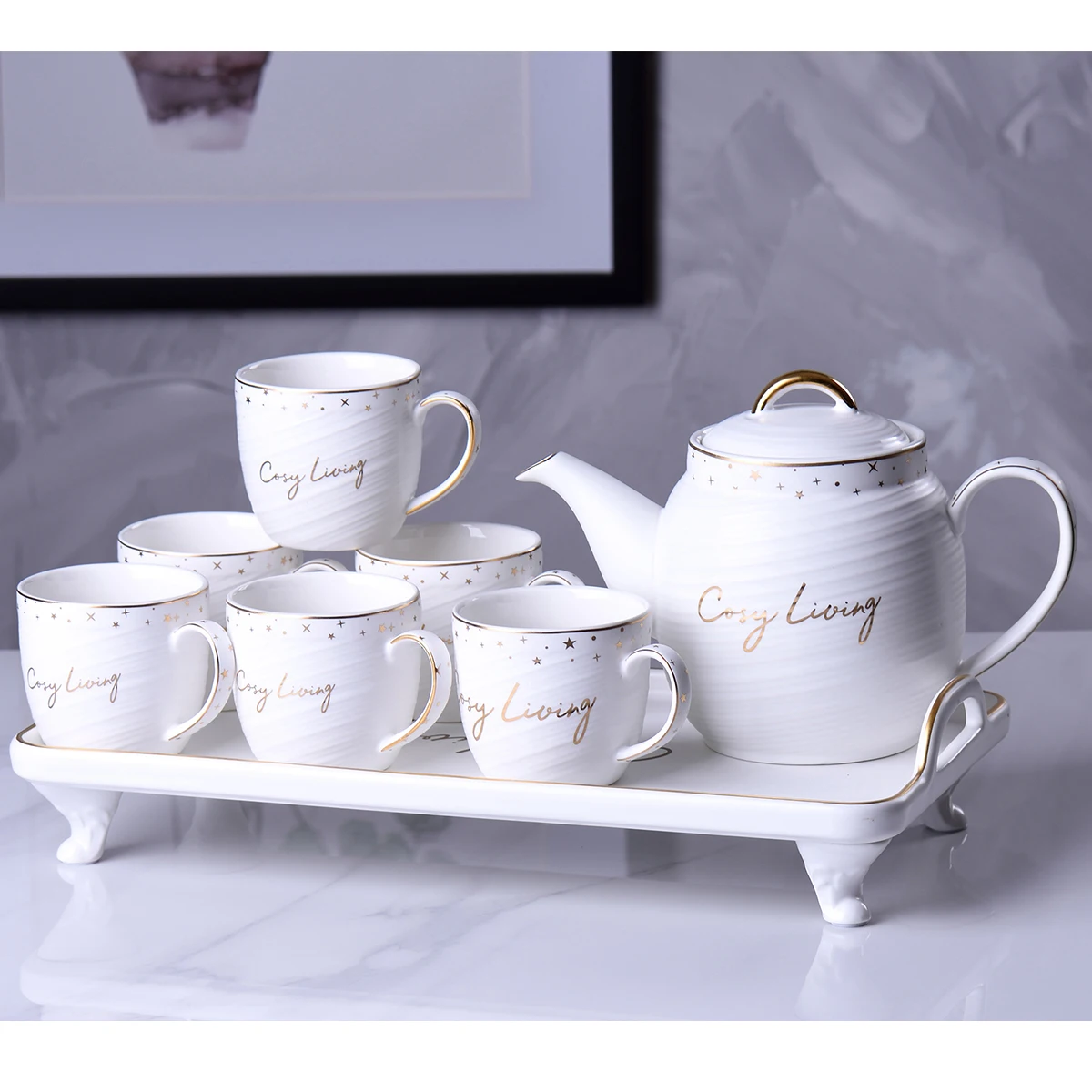 Nordic Minimalist Style Afternoon Tea Cup Sets 8 Pcs Ceramic Coffee Tea Sets With Gold Decor 9746
