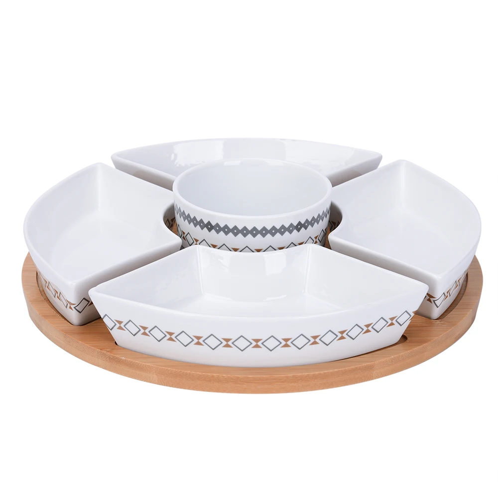 Popular Divided White Porcelain Snack Serving Dish 5 Compartment Plate