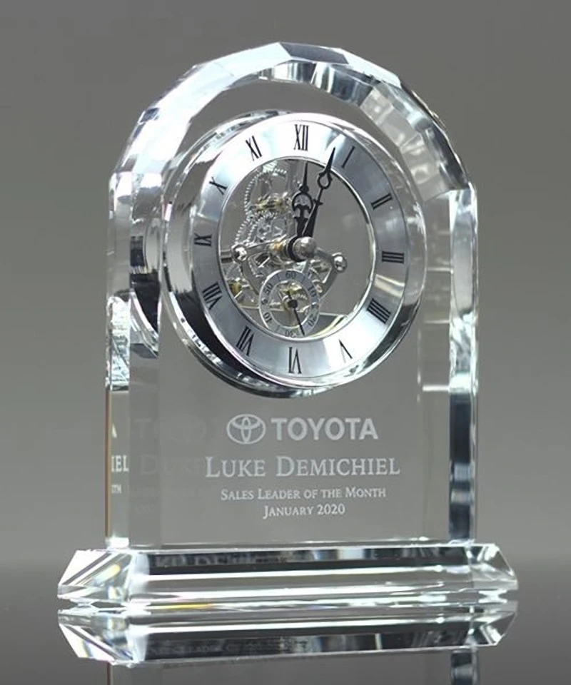 Silver Accented Template Trophy Award Engraved Crystal Desk Clock