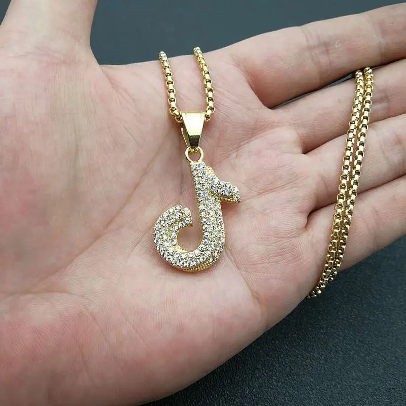 Gt Hot Selling Stainless Steel Full Crystal Tik Tok Charm Necklace