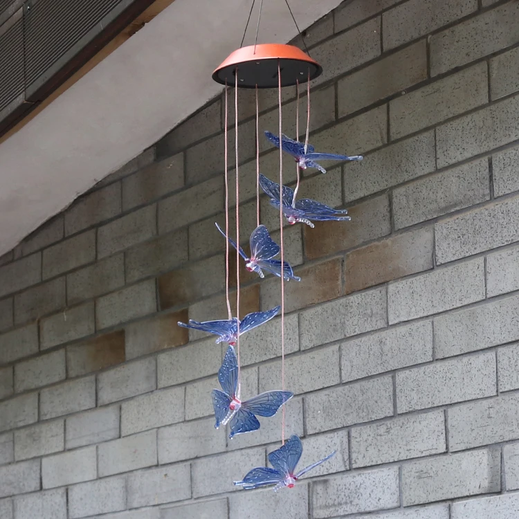 
solar wind chime blue butterfly spiner spiral garden party decoration indoor outdoor waterproof color change hot seller 