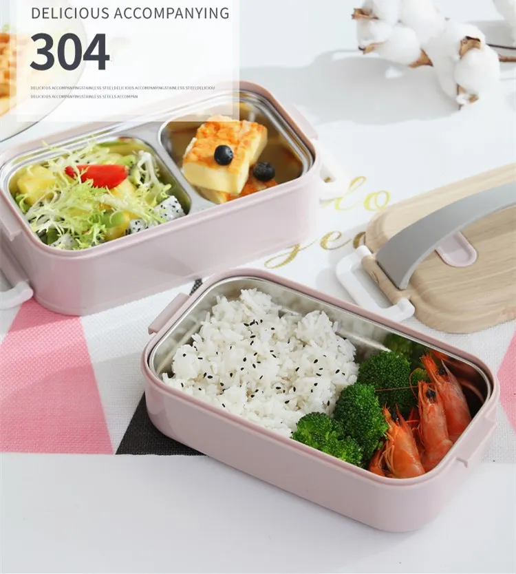 Single/Double Layer Stainless Steel Lunch Box With Lock Portable Plastic Wood Grain Lid Student Adult Tiffin Bento Box
