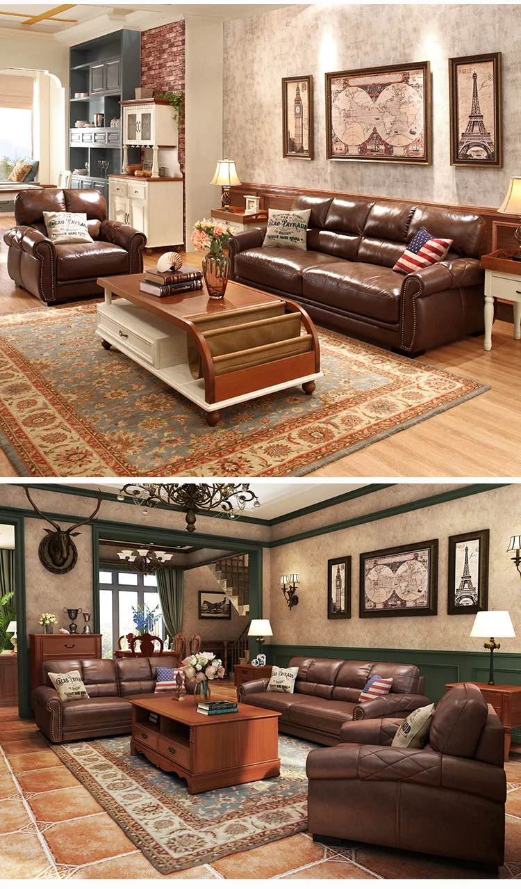American style three person retro living room leather top layer cowhide sofa combination