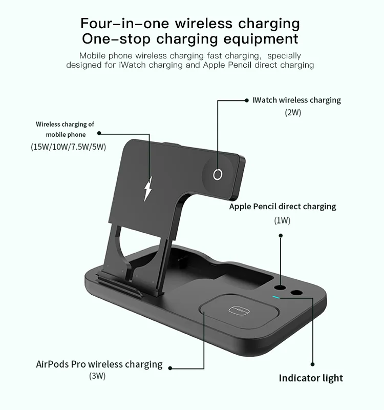 Foldable Portable 15W 4 In 1 Charging Station Pad Dock Desktop Stand Charger Wireless