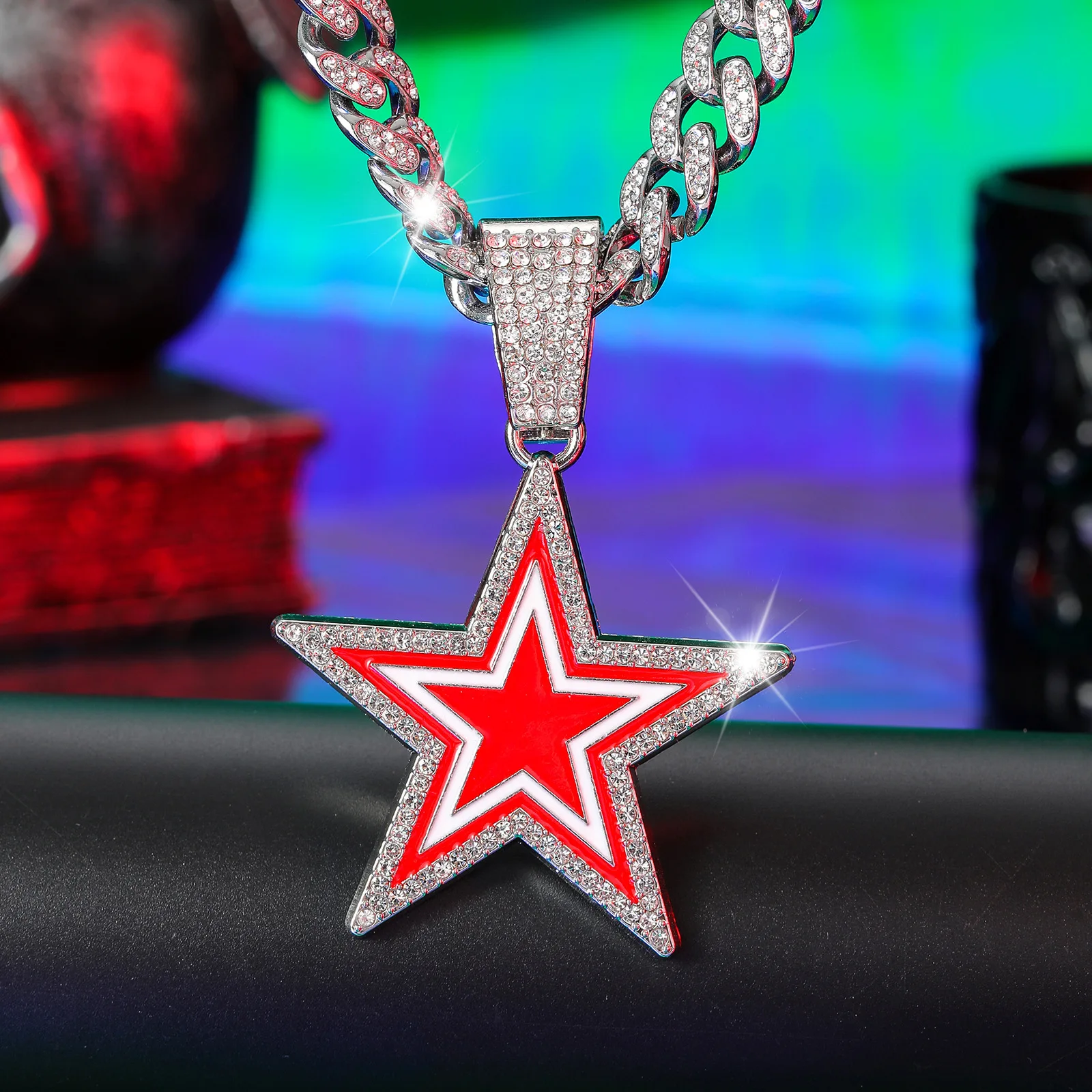 product european american style full diamond blue five pointed star pendant necklace fashionable hip hop design for men women for gift-16