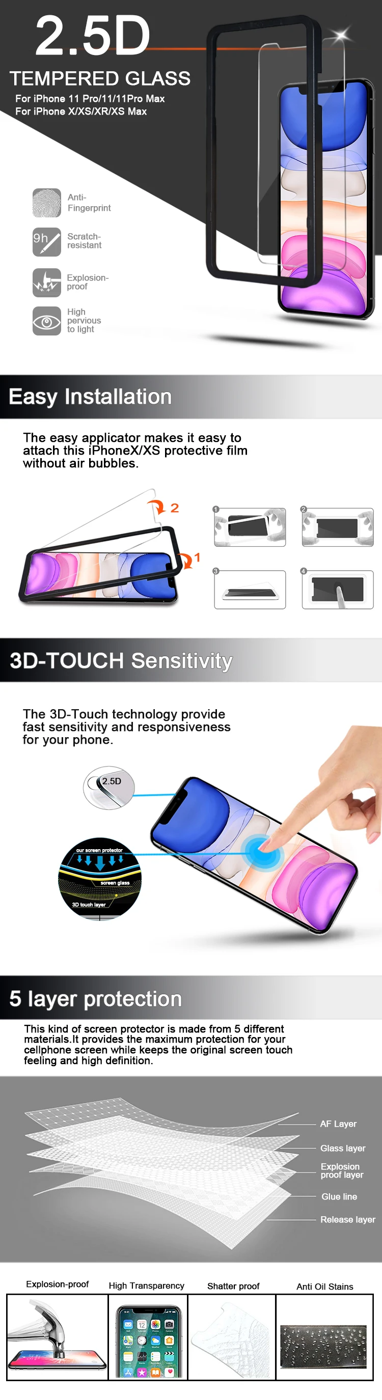 2019 Newest OEM 9H 2.5D Tempered Glass for iPhone 11 Pro X Xs XR XS MAX Screen Protector applicator 3 pack
