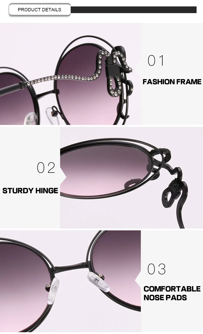 Retro Round Glass OEM Diamond Personality Hollow Shaped Frame Women Sunglasses