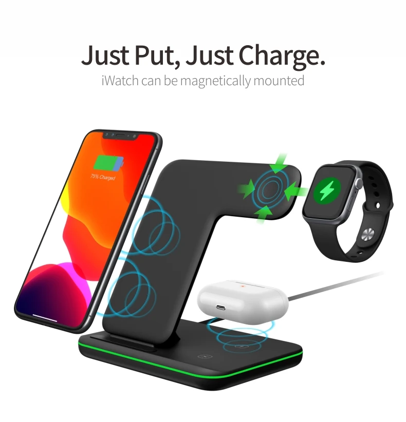 2020 Upgraded 15w qi universal 3 in 1 wireless charging station pad Fast Wireless Charger with stand for iPhone iWatch AirPods