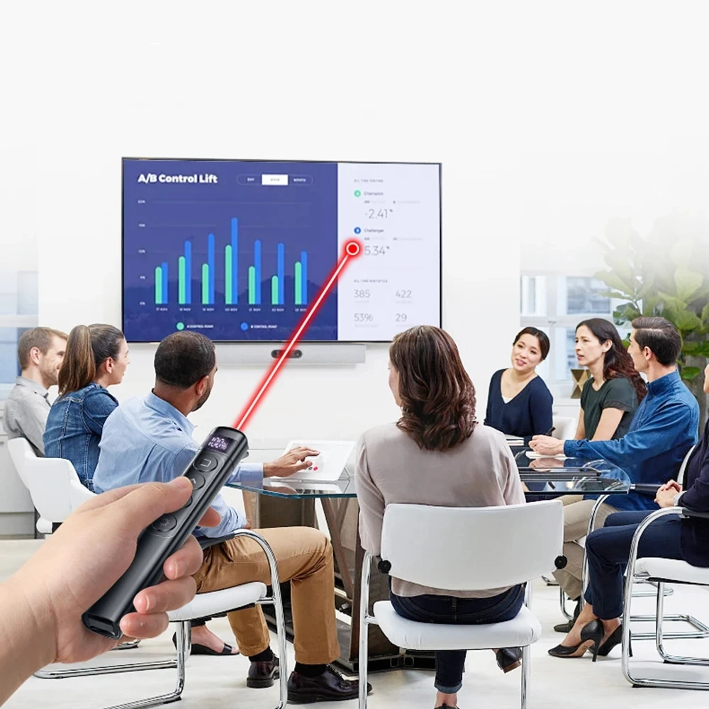 Digital presenter with air-mouse mode activated, showing on-screen cursor trail