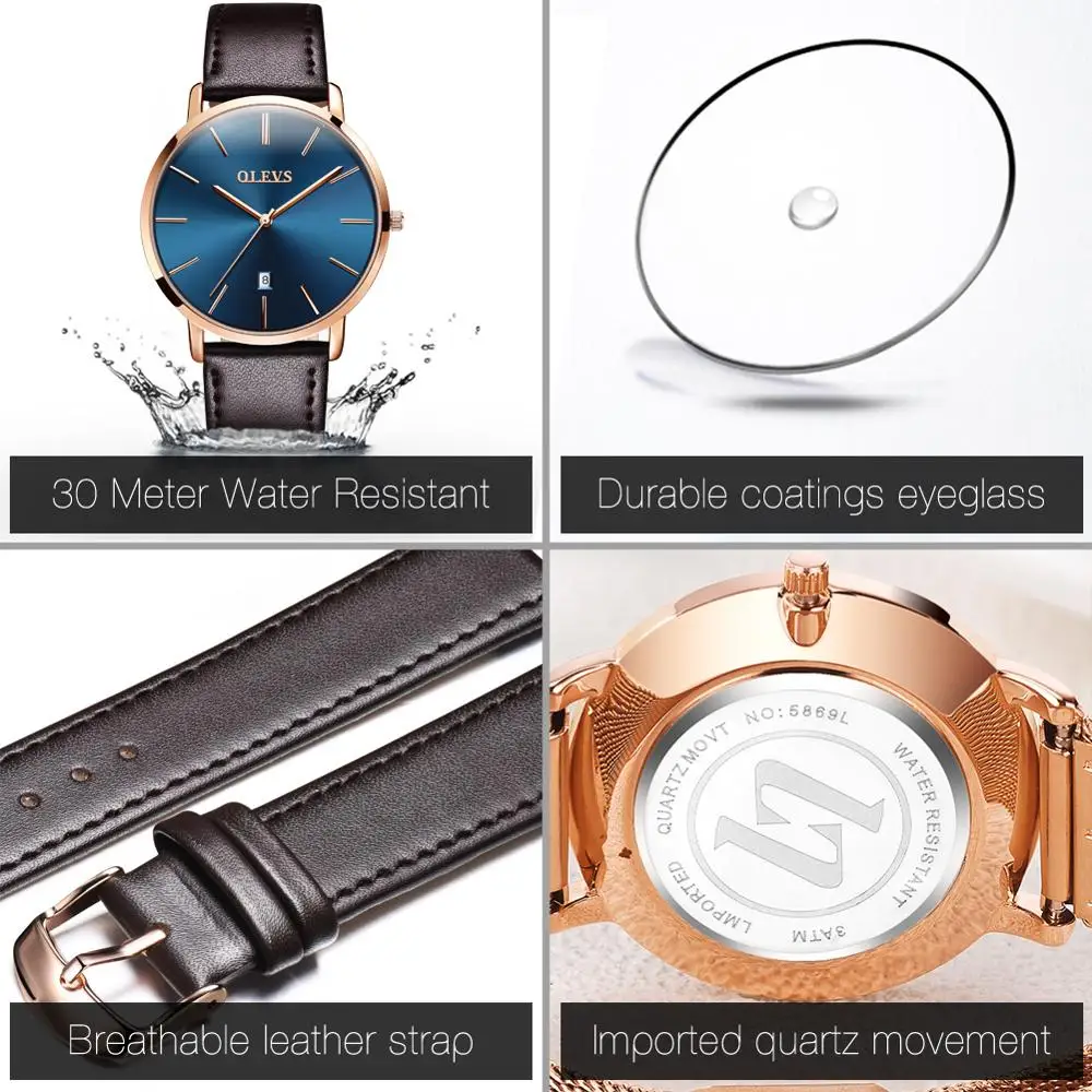 OLEVS Brand College style Wristwatch Fashion Boy's Ultra-thin Waterproof Leather Watch For Men's Also Support Customization