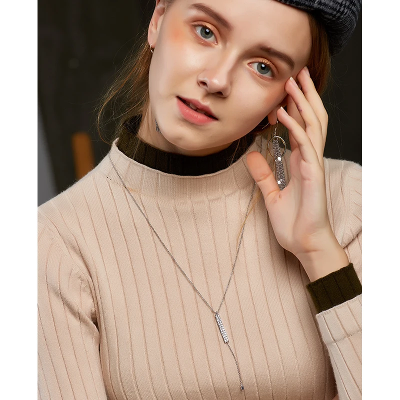 Fashion simple string sweater necklace environmental cubic zircon rhodium plated chain(图5)
