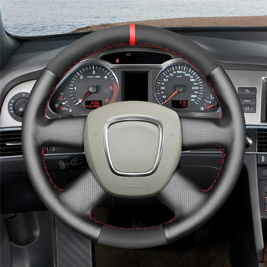 perforado Funda de volante de 4 radios para Audi Q5 Q7 en cuero negro liso