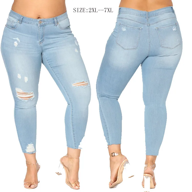 Free Shipping Ripped Hole Plus Size Jeans Women High Waist Pencil Black