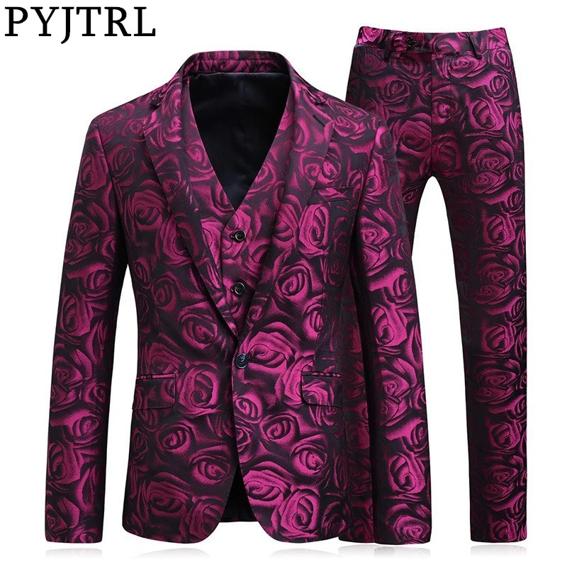 
PYJTRL Mens Fashion Rose Floral Pattern Three-piece Set Suits Wedding Banquet Groom Dress Suits Costume Homme Men Suit Slim Fit 
