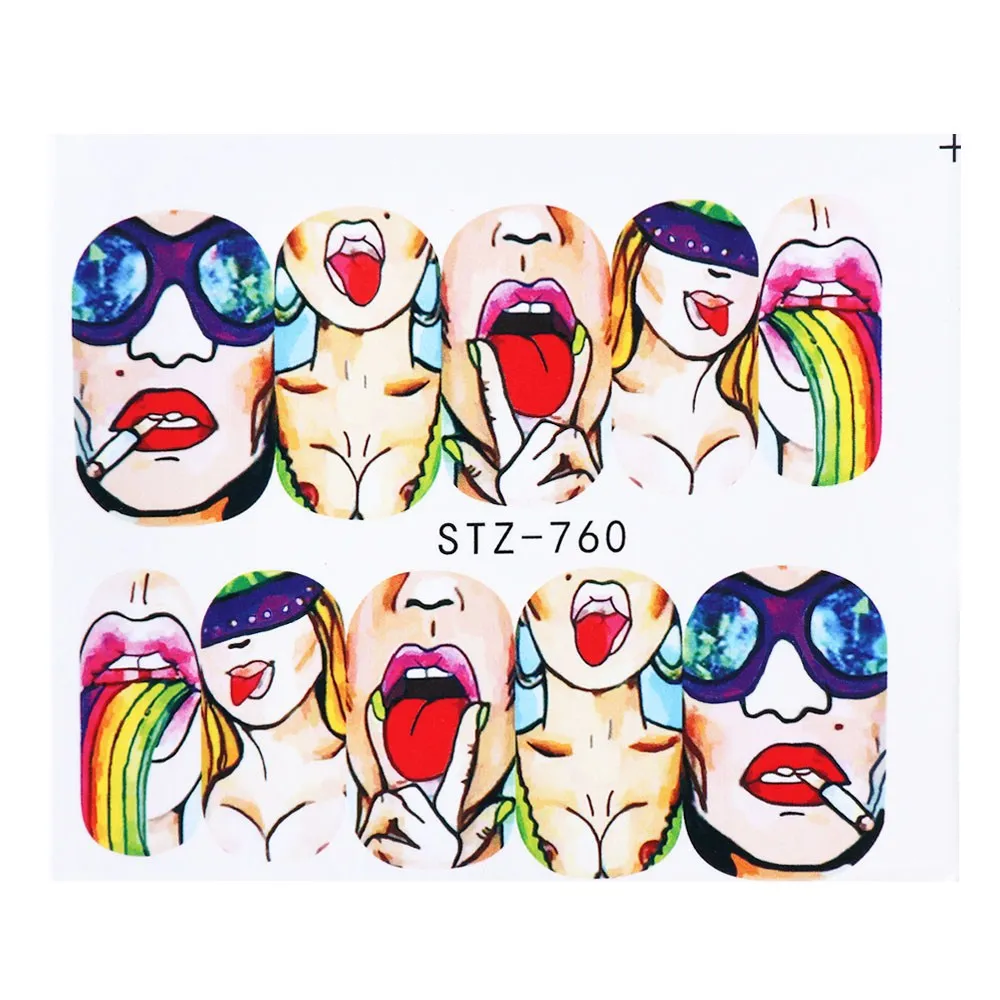 9 Design Set Press On Nails Art Salon Professional Water Transfer Nail Art Stickers Sexy Lips 