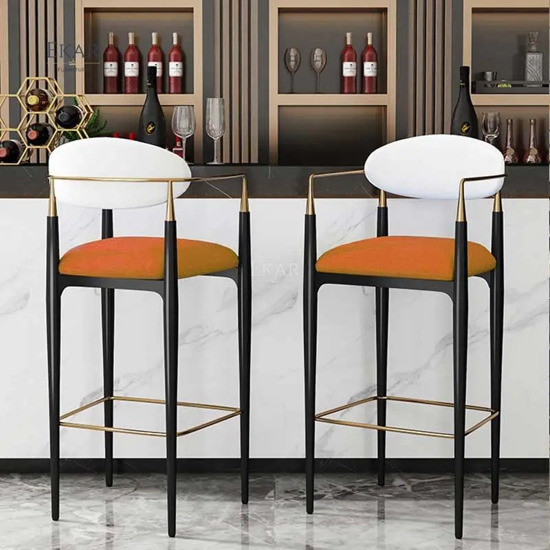 Ekar Furniture Wholesale Luxury Cafe Gold Gilt Metal orange Fabric High Standing Bar Stool Chairs supplier