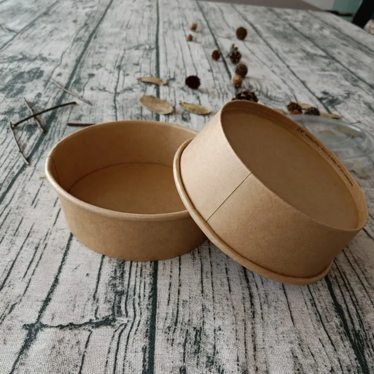 500毫升工厂印刷一次性牛皮纸碗带盖外卖汤沙拉碗