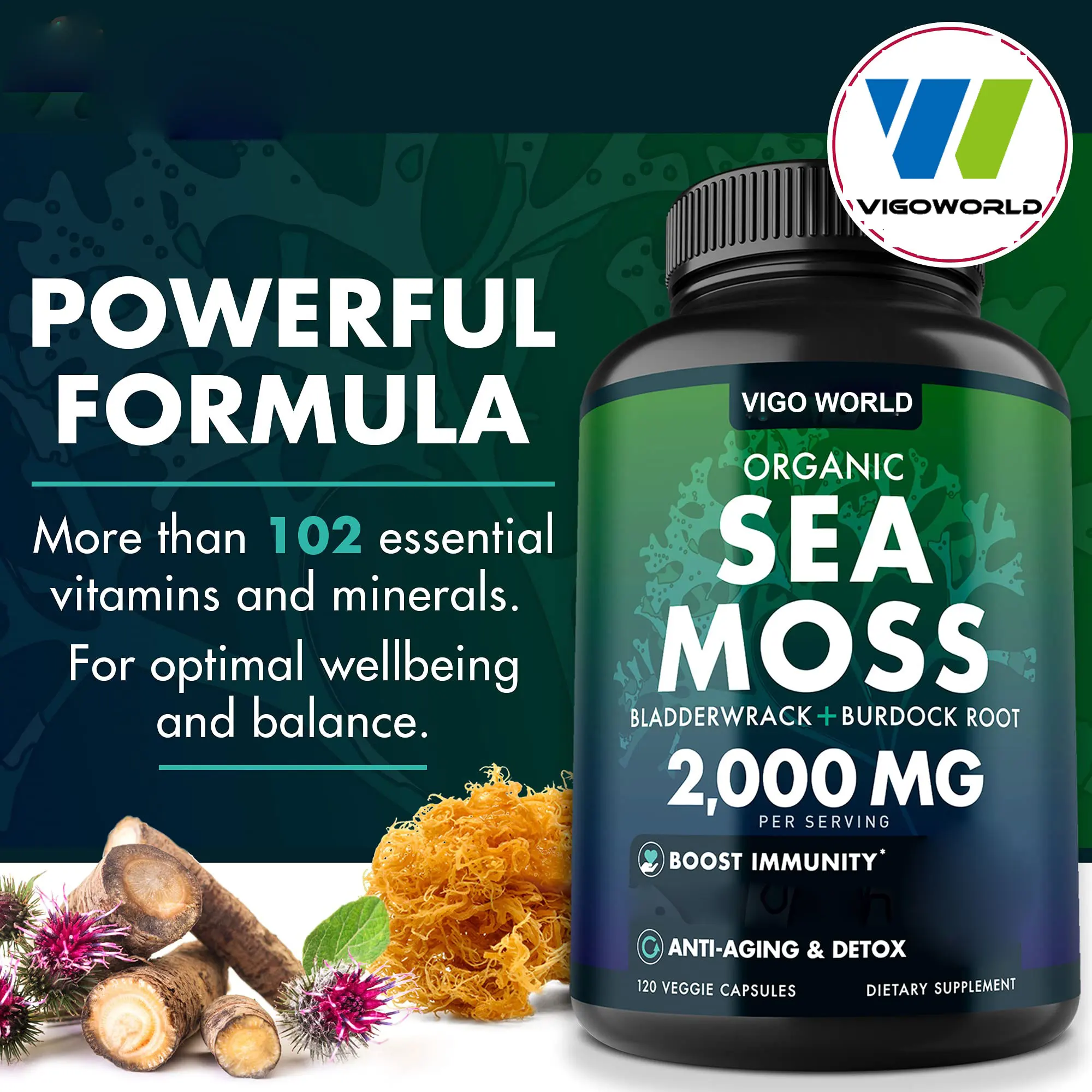 Organic Sea Moss Capsules With Burdock Root And Bladderwrack For Adults Support Immune System 