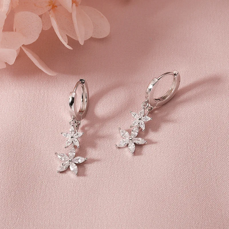 European 5a White Cubic Zirconia Flower Hoop Earrings 925 Silver