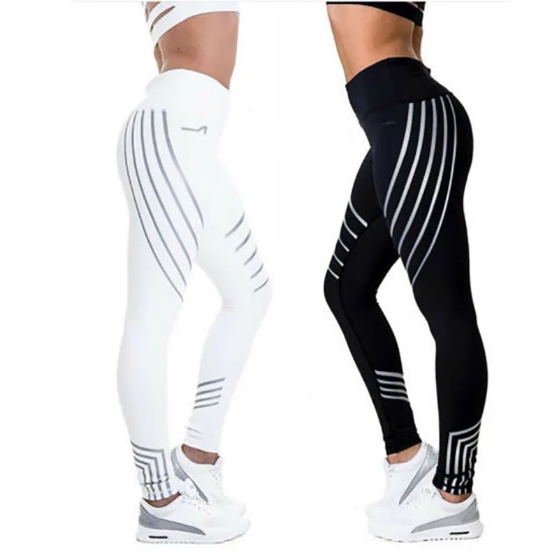 New Women Black/white Stretch Yoga Pants Striped Fitness Leggings Slim ...
